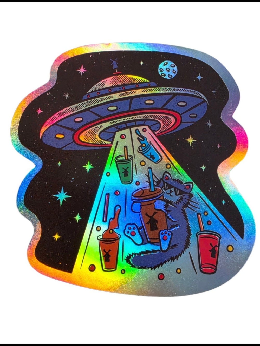 Dutch Bros - 2 Spaceship Cat Holographic Iridescent Sticker - July 1st 2026 NEW